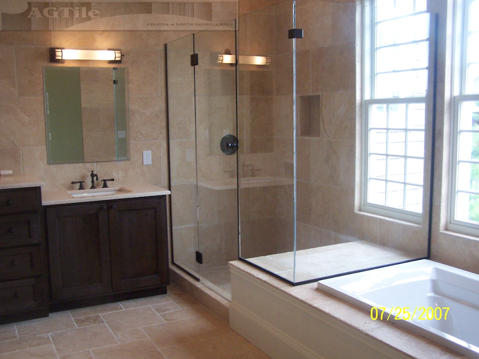 all travertine custom master bathroom